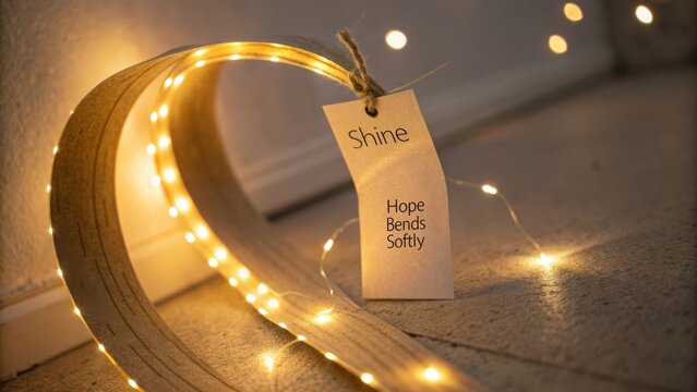 Elegant Warm Light Display with Tag Featuring Inspirational Quote on Hope and Softness in Cozy Environment
