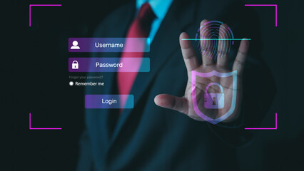 Businessman using biometric fingerprint scan with virtual login interface, highlighting cybersecurity, data protection, secure access, authentication technology, privacy