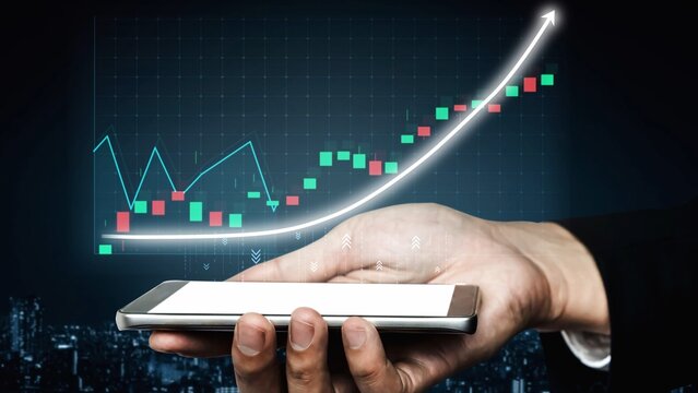 A businessman holds a smartphone displaying a financial graph, illustrating market trends and investment growth in the digital age of finance. Copula