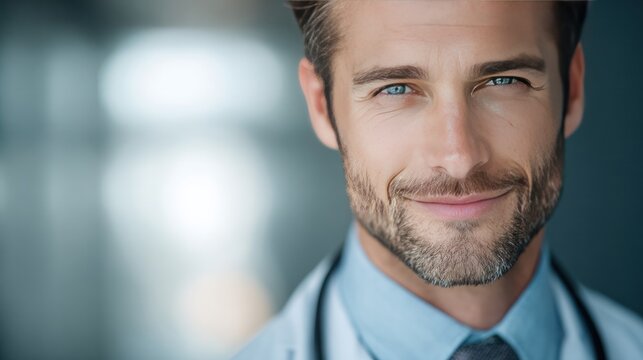 Confident Physician's Gaze: A close-up of a handsome, professional physician with a warm smile, radiating an aura of trust and expertise, a symbol of care and dedication.