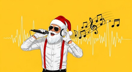 Santa claus singing into a microphone with musical notes overhead