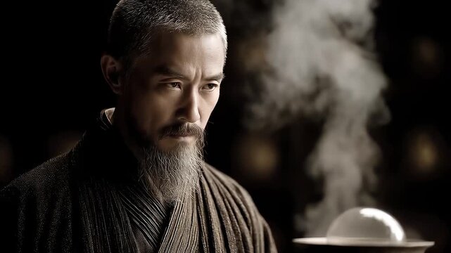 Tang Dynasty Alchemist Concentrating on Elixir Refinement with Solemn Expression