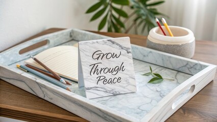 Elegant Marble Tray with Inspirational Quote About Growth and Peace on a Wooden Table in a Bright Room