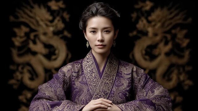 Tang Dynasty woman in gorgeous dress sitting solemnly