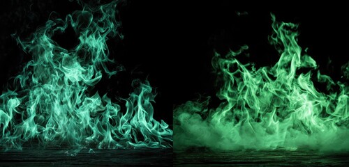 Split teal fire on left, green fire and smoke on right, black back
