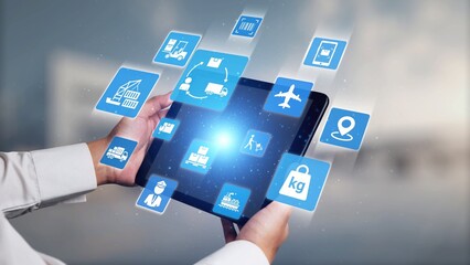 Logistics icons illustrate delivery, supply chain, warehouse, and shipping. Logistics connects global trade, logistics optimizes transport, and logistics supports inventory tracking. Gist