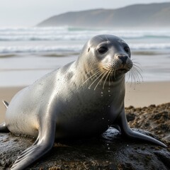 Fototapeta premium Adorable harbor seal resting on coastal rocks, wet grey seal pup on sandy beach, marine wildlife animal in natural ocean habitat