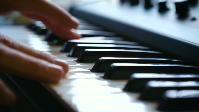 musician practicing keys, playing synth with expressive fingers, studio scene of keyboardist rehearsing passionately, dynamic musician skillfully manipulating keys during intimate studio rehearsal