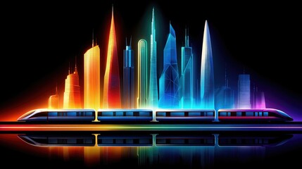 A sleek, modern train travels along a track in front of a colorful, abstract cityscape with glowing skyscrapers.