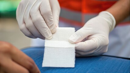 A person in gloves is applying a bandage to a wound on a patient's leg, demonstrating first aid or medical assistance in a clinical setting.