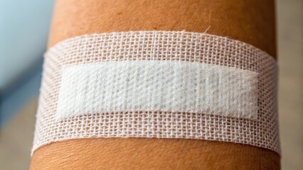A close-up of a bandage on a person's arm, demonstrating care and protection for a minor injury.