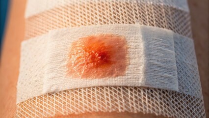 A close-up of a bandaged wound on skin, showing a small area of redness through the bandage.