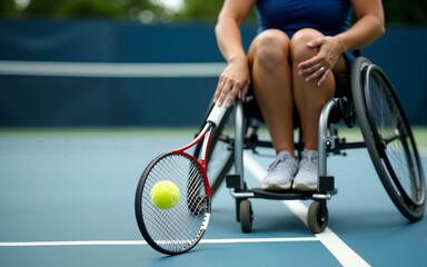 Close-up of wheelchair tennis player preparing to serve in adaptive sports. High quality