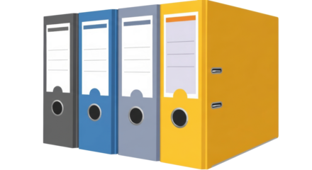 Organized office with gray, blue, and yellow ring binders for filing paperwork, documents, and reports, ideal for business, education, and administrative tasks