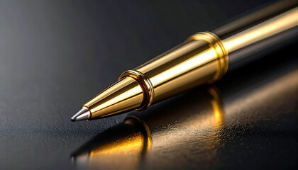 Close-up of a luxurious writing tool with a gleaming gold finish, resting on a reflective, dark surface. The light accentuates the metal