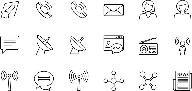 Collection of communication icons for digital and broadcast media, featuring satellite dishes, radio, news, and messaging symbols