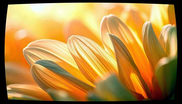 A macro shot reveals the translucent texture of flower petals illuminated by a golden sun, highlighting their delicate structure and vibrant hues.