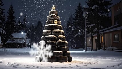Creative holiday display fashioned from repurposed materials, shining brightly in a peaceful, snow-covered winter landscape, celebrating sustainable festive cheer