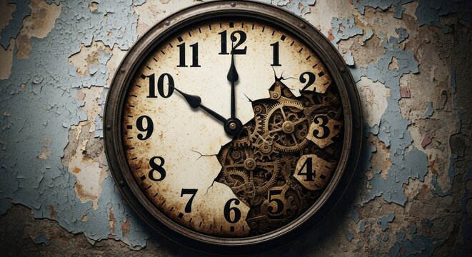 Intricate clockwork timepiece shows the passage of time with exposed gears and aged patina, symbolizing history and the beauty of decay