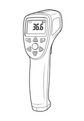 Black and white line drawing of a handheld digital infrared thermometer displaying a normal body temperature reading of 36.6 degrees Celsius
