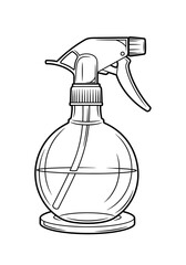 Black and White Line Art Illustration of a Round-Bodied Spray Bottle with Trigger Handle, Ideal for Hairdressing or Gardening