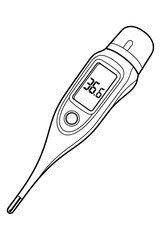 Digital Medical Thermometer Showing Normal Body Temperature (36.6) – Black and White Outline Drawing for Healthcare Illustrations