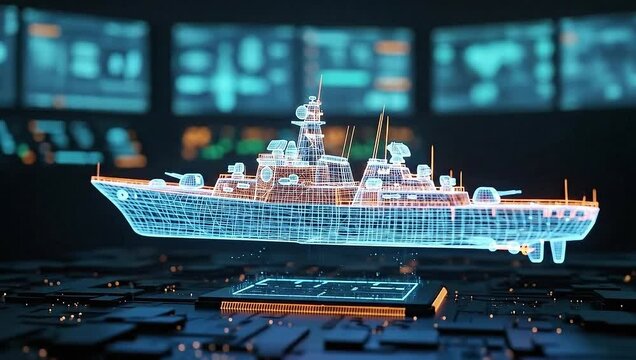 Futuristic Digital Warship Blueprint Hologram Displayed on Circuit Board.