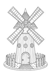 Black and White Line Art Drawing of a Traditional Wooden Windmill with Four Large Sails, Ideal for Coloring Books and Educational Activities