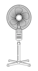 Detailed line art illustration of a modern pedestal floor fan, featuring protective grille, control panel, adjustable stand, and sturdy cross base design