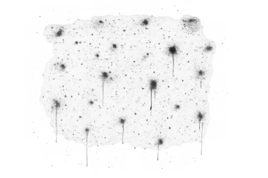 Grungy ink splatters and black paint drips forming an abstract texture with rough edges, transparent background