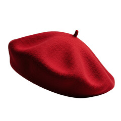 Scarlet red beret of luxurious felt, artfully creased and folded, isolated on transparent with soft shadow. Macro, dramatic raking lighting, concept of textile richness