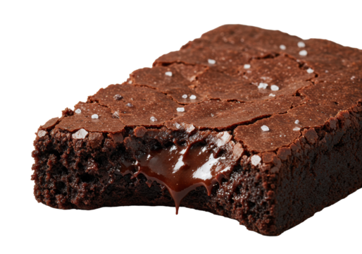 Freshly baked gourmet dark chocolate brownie, bitten to reveal warm fudgy molten interior, glossy crinkled top with sea salt, isolated on transparent background for indulgent concept of delicious