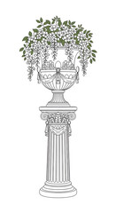 Elegant Neoclassical Urn on a Decorative Column Filled with White Blossoms and Green Leaves, Detailed Line Art Vector Illustration.