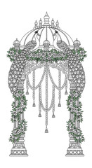 Intricate Indian Wedding Mandap Archway Design featuring Peacocks, Floral Garlands, and Traditional Mughal Architecture
