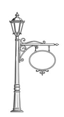 Vintage Street Lamp Post with Blank Oval Hanging Sign in Outline Vector Illustration Style