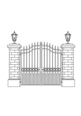 Black and white line art drawing of an ornate wrought iron double gate set between two brick pillars topped with vintage street lanterns