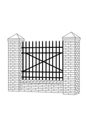 Outline Vector Illustration of a Wrought Iron Fence Section with Spiked Pickets, Flanked by Classical Brick Pillars and a Masonry Base.