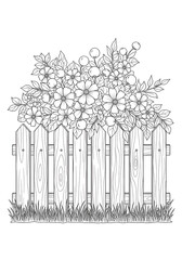 Highly detailed line art coloring page illustrating lush garden flowers and berries spilling over a rustic wooden picket fence and tall grass.