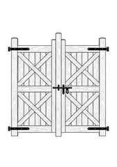 Rustic Wooden Double Gate Line Art Illustration: Detailed black and white vector drawing of a split timber fence entrance with heavy metal hinges and a slide bolt latch.