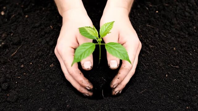 Womans hands gently planting a small green sapling into rich soil.