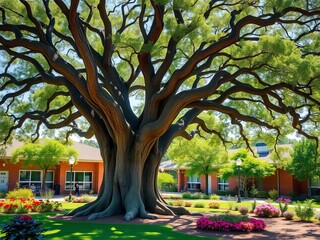 Old growth oak tree as a symbol of knowledge and wisdom in a vibrant school garden setting,  old,  growth