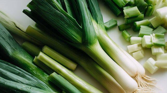 Freshly sliced leeks arranged neatly on a white surface for cooking preparation