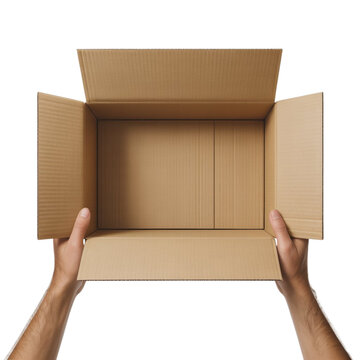 hands holding open empty cardboard box viewed from above on white background for packaging and shipping use