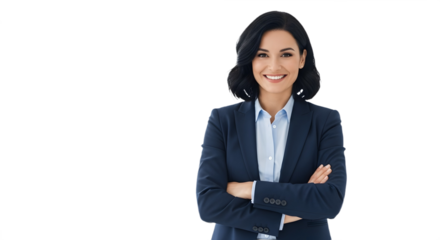 Portrait of a smiling businesswoman in a dark suit with arms crossed against a white background