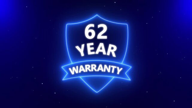 Neon line 62 years warranty quality assurance with shield emblem stamp badges symbol of product guarantee animated. Neon Warranty shield Animation. Business guarantee animated. Support service icon,