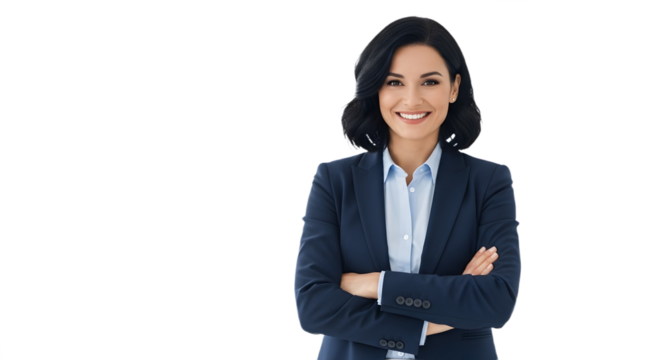 Portrait of a smiling businesswoman in a dark suit with arms crossed against a white background