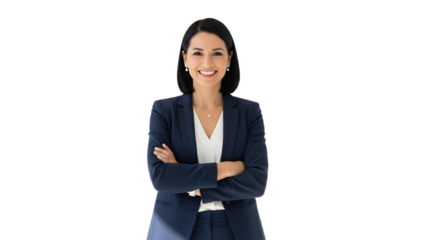A smiling woman in a blazer with arms crossed posing against a black background in a studio shot