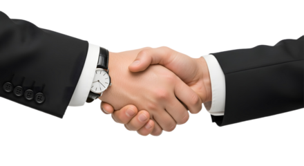 A close up shot of two people shaking hands wearing suits with a watch on one of the wrists