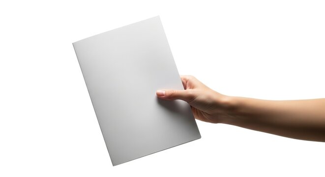 Hand holding blank paper mockup isolated on white, perfect for design and presentation needs