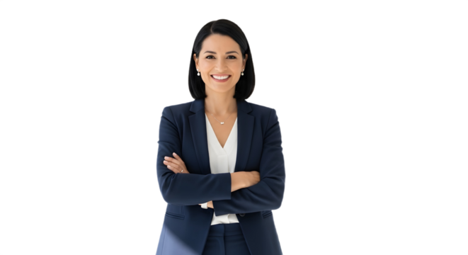 A smiling woman in a blazer with arms crossed posing against a black background in a studio shot